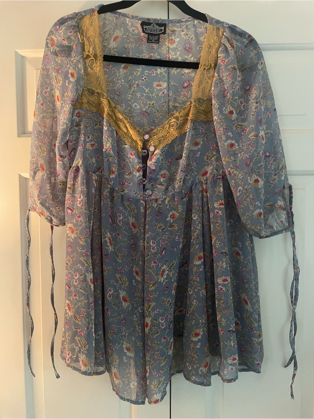 Angie Light Blue Floral Lace-Trim Peasant Tunic